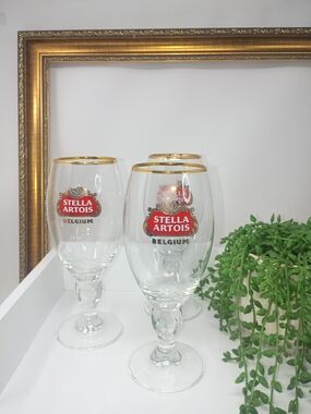 Stella Artois Belgium Gold Rim Beer Glasses - Clear with Gold Trim